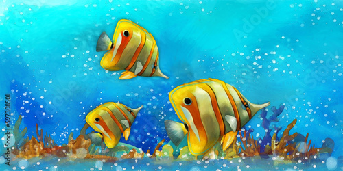 cartoon scene with fishes in the beautiful underwater kingdom coral reef - illustration for children artistic painting scene