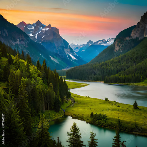Beautiful valley with lake view and mountains