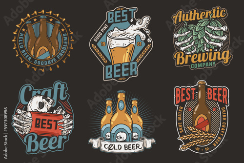 Beer set of brew emblems or craft beer logos with beer cap, can, hop, skeleton and bottle. Labels or prints with skull, beer glass and barly for bar, pub or brewery shop