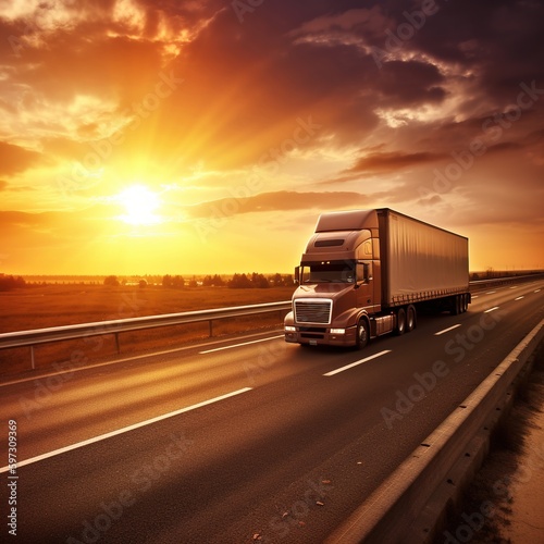 Truck and highway at sunset, transportation background. generative ai
