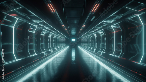 Dark futuristic tunnel with glowing neon lamps and reflections Generative AI © Jawed Gfx