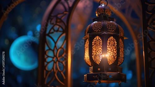 Ramadan Kareem - Moon And Arabian Lantern With Abstract Defocused Lights - Eid Ul Fitri, Eid Ul Ad ha, generative ai