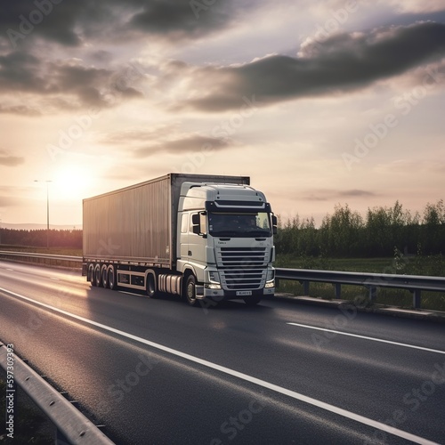 Truck with container on road, cargo transportation concept. generative ai