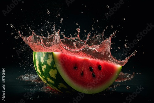 Juicy watermelon with splashing juice. Generative AI