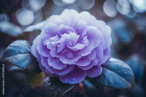 Snowy purple-blue camellias tower. Generative AI