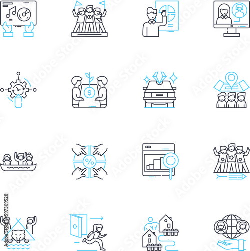 Gathering linear icons set. Convene, Assemble, Meet, Get-together, Congregate, Mingle, Rally line vector and concept signs. Cluster,Bring-together,Accumulate outline illustrations