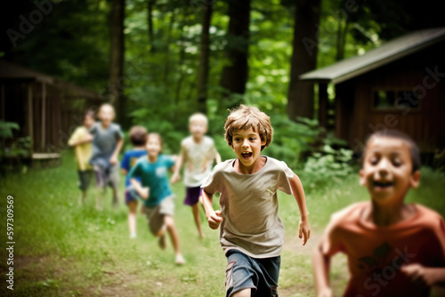 Young smiling boy in the summer camp, AI generated