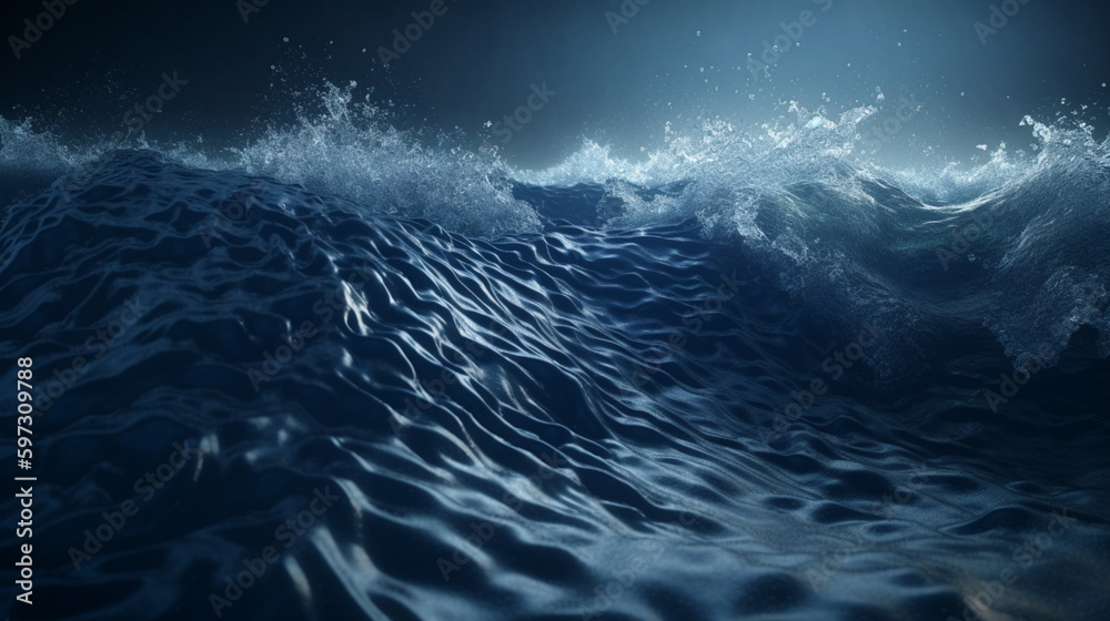 Deep blue fluid waves in a 3D environment Generative AI