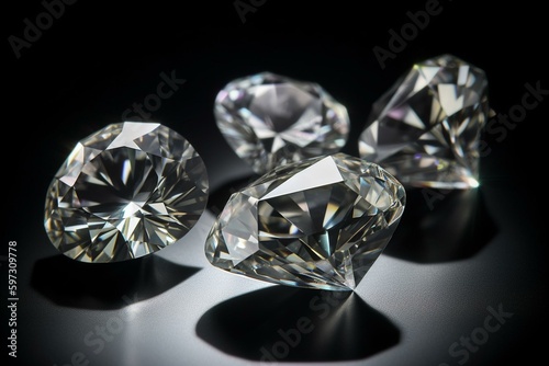 Five common diamond cuts: round, princess, heart, cushion, on white backdrop. Generative AI