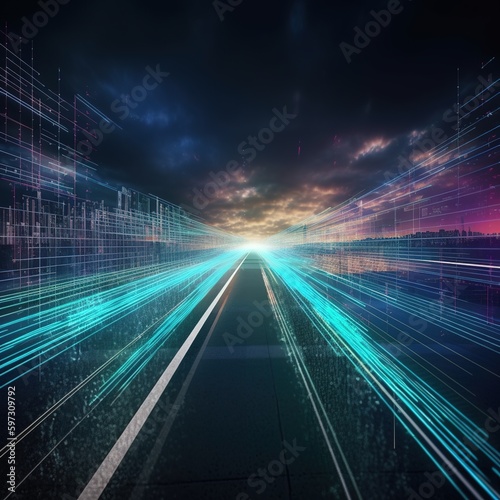 Digital data flow on the road in the concept of cyber global communication and coding with graphic creation of a fast speed transfer to demonstrate agile digital transformation. generative ai © WS Studio 1985