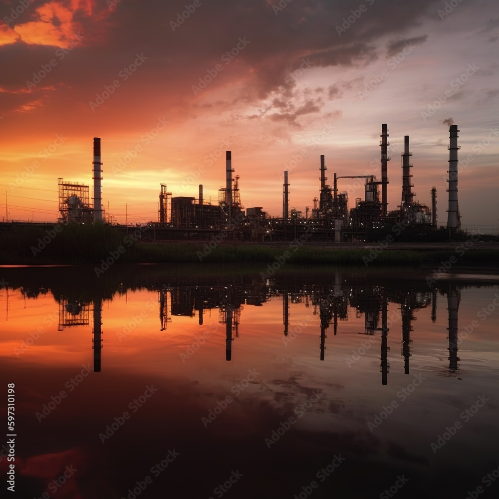 oil refinery during sunset, industrial machinery is set against a clear sky. generative ai