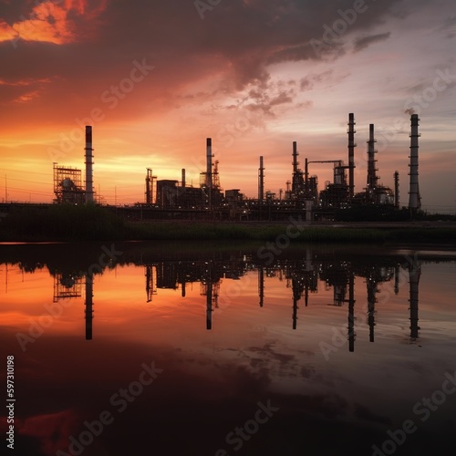 oil refinery during sunset, industrial machinery is set against a clear sky. generative ai