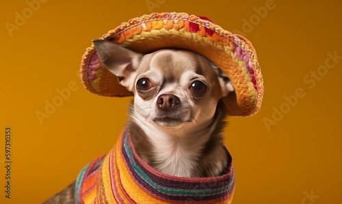 Chihuahua dog wearing colorful Mexican sombrero hat. Generative AI   © Diatomic