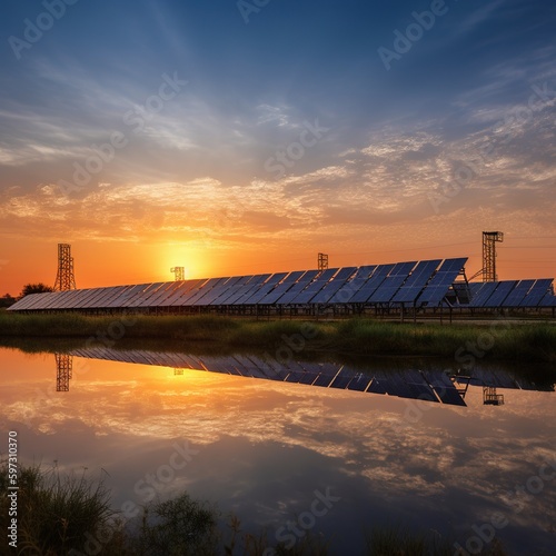 Solar panels reflect a beautiful sky, clean energy, and a healthy environment. generative ai