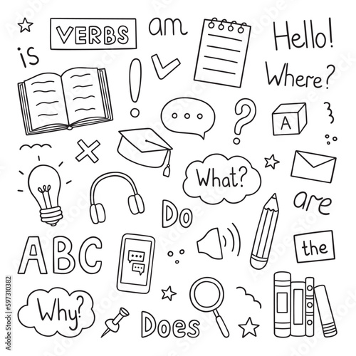 Learning English doodle set. Language school in sketch style. Online language education course. Hand drawn vector illustration isolated on white background