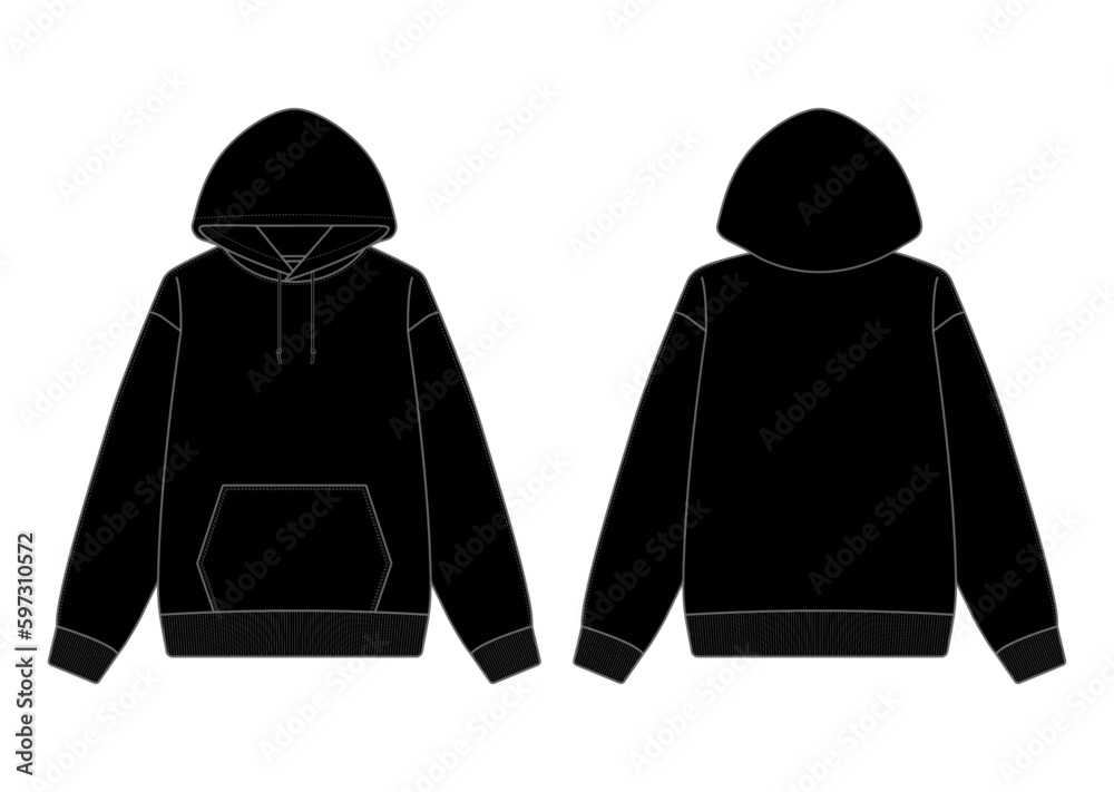 Blank Black Hoodie Mock-Up Template on White Background, Front and Back View	 - obrazy, fototapety, plakaty 