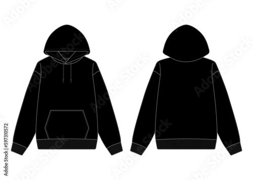 Fototapeta Blank Black Hoodie Mock-Up Template on White Background, Front and Back View