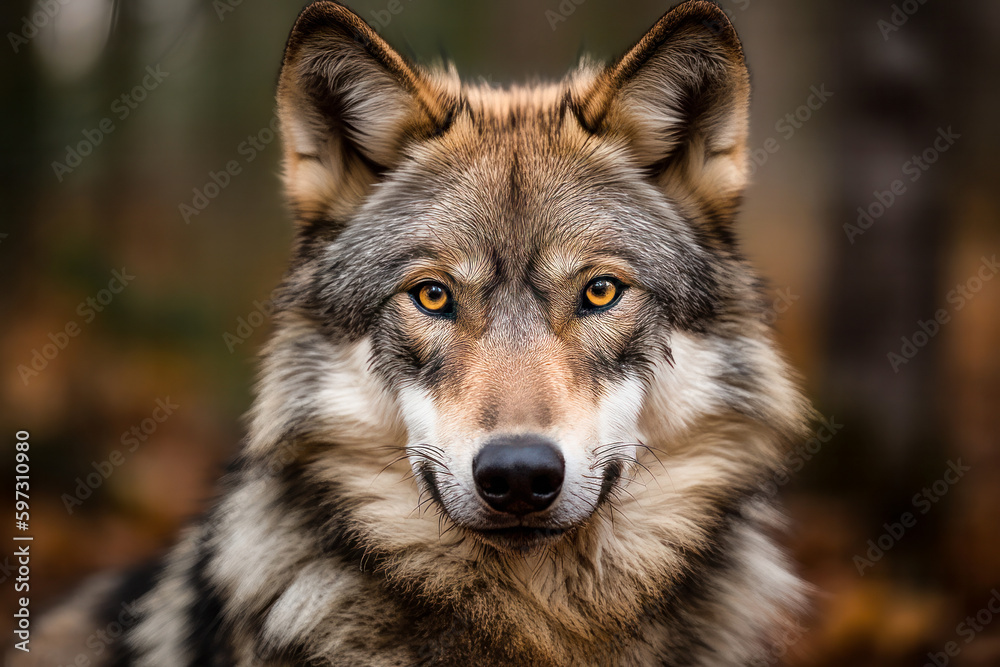 Portrait of a wolf in the autumn forest. 