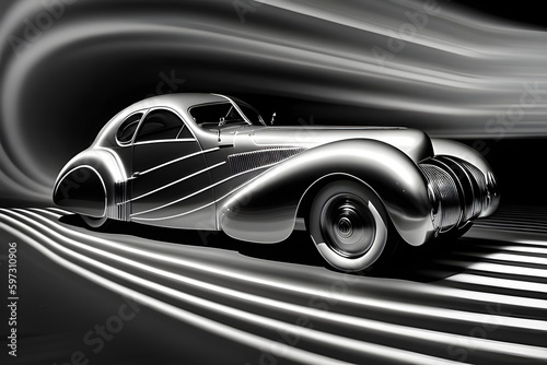 a silver sports car in motion with black lines and blurred edges, in the style of revived historic art forms, chiaroscuro lighting, 1940s–1950s, i can't believe how beautiful this is, AI generated.