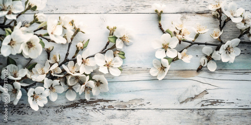white branches with blooming flowers on a white wooden background