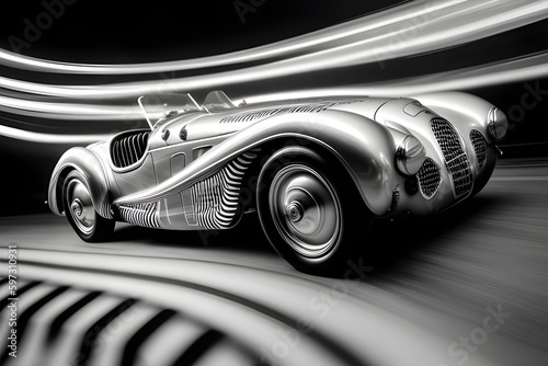 a silver sports car in motion with black lines and blurred edges, in the style of revived historic art forms, chiaroscuro lighting, 1940s–1950s, i can't believe how beautiful this is, AI generated.
