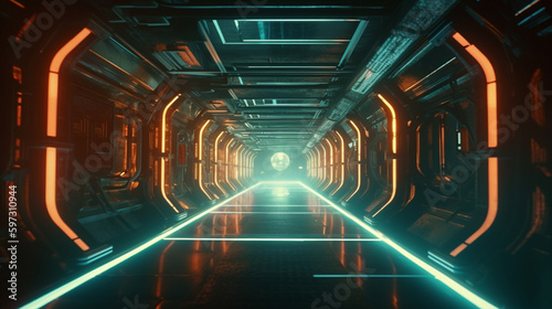 Glowing neon lamps in a sci-fi technology tunnel Generative AI