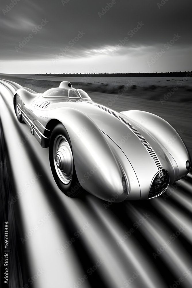 A sleek silver bullet car whizzes past on a winding track. AI generated.