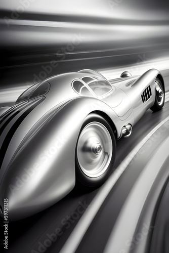 A sleek silver bullet car whizzes past on a winding track. AI generated. © Niclas