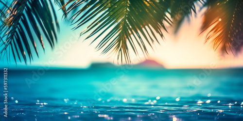 seascape tropical background with palm leaves