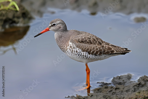 Common Redshank (Eurasia) - A wading bird with a distinctive red legs and bill (Generative AI)