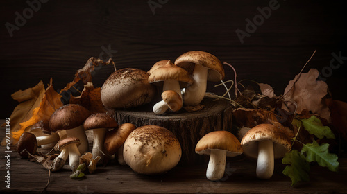 Variety of uncooked wild forest mushrooms yellow boletus, birch mushrooms, russules over dark textured background. Rustic style, natural day light. Generative ai