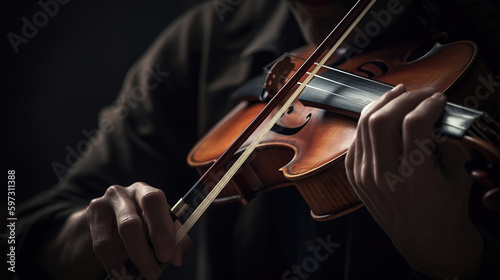 Violin player. Violinist hands playing violin orchestra musical instrument closeup, generative ai