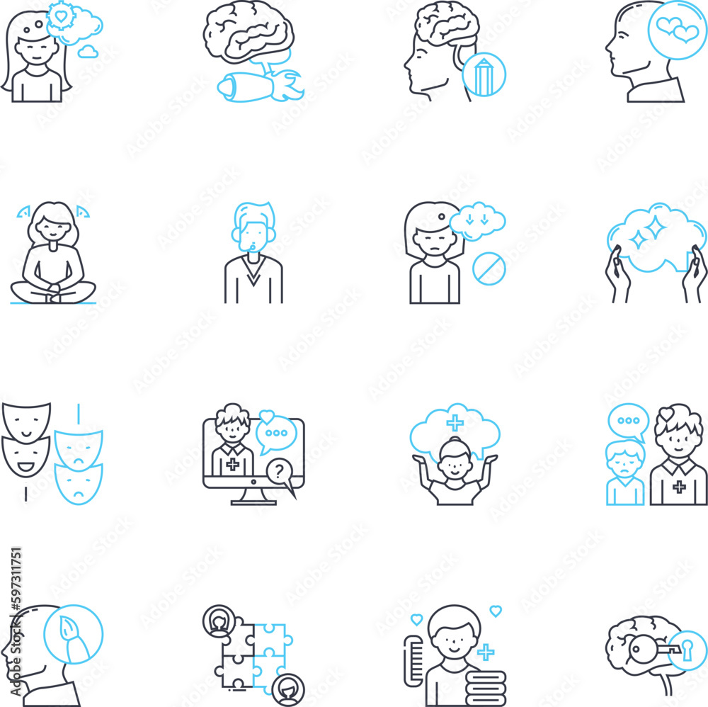 Emotional fitness linear icons set. Resilience, Self-esteem, Coping, Empathy, Mindfulness, Gratitude, Acceptance line vector and concept signs. Compassion,Grit,Awareness outline illustrations