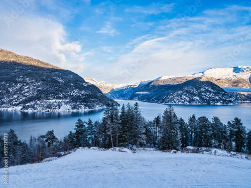 Hardangerfjord at sunset during early winter in Kinsarvik, Norway © Arnold