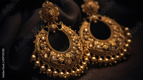 Beautiful Indian Antique Golden pair of earrings, Luxury female jewelry, Indian traditional jewellery,Indian jewelry Bridal earrings wedding jewellery heavy party earrings, generative ai