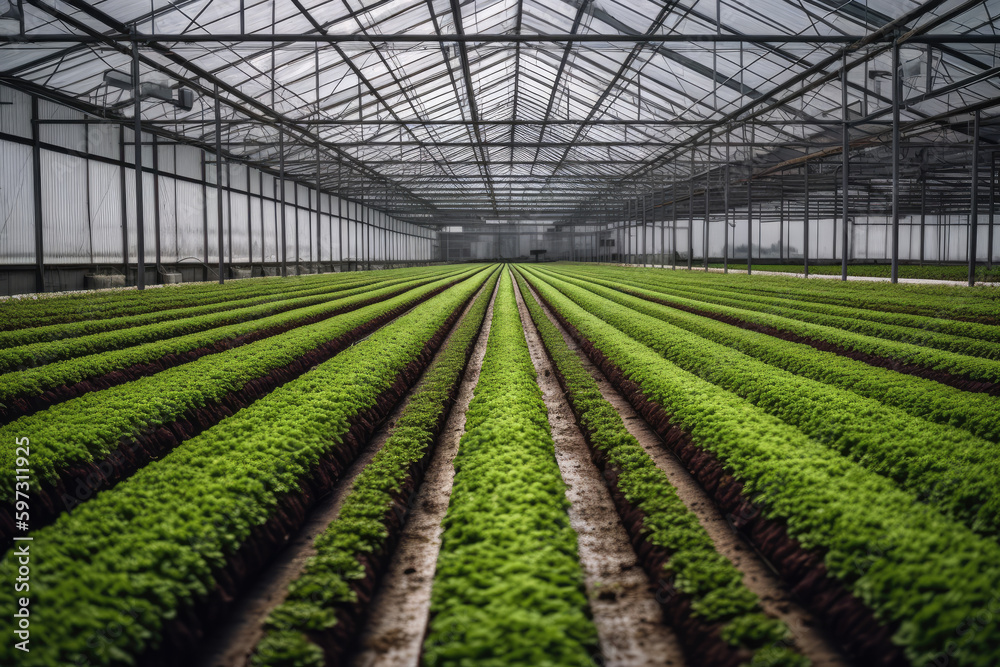 Overhead view of rows of lettable plants growing in a large greenhouse. Generative Ai Overhead view of rows of lettable plants growing in a large greenhouse. Generative Ai