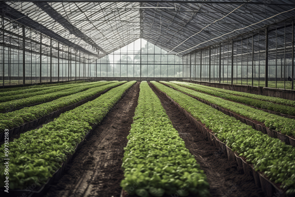 A remarkable scene of a large greenhouse with rows of lettuce plants growing in the ground and fog coming from the sky above.. Generative Ai A remarkable scene of a large greenhouse with rows of lettuce plants growing in the ground and fog coming from the sky above.. Generative Ai