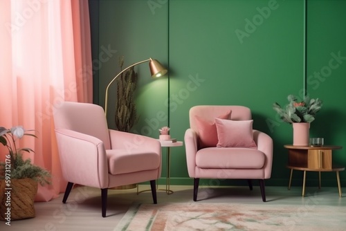 interior background couch house green living room modern render contemporary comfortable design. Generative AI.