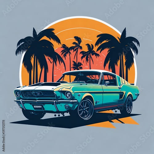 car illustration, in a summer time t-shirt print