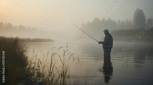 Fisherman with rod, spinning reel on the river bank. Sunrise. Fog against the backdrop of lake. background Misty morning. wild nature. The concept of a rural getaway, generative ai