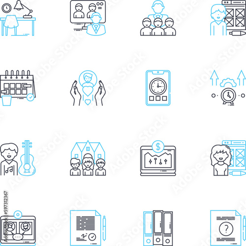 Distant workplace linear icons set. Remote, Telecommute, Virtual, Isolated, Distribute, Mobile, Dispersed line vector and concept signs. Far-reaching,Offsite,Out-of-office outline illustrations