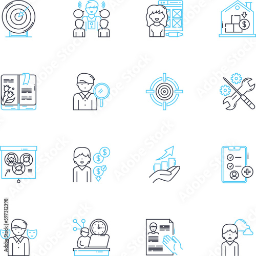 Dead-end careers linear icons set. Stagnancy, Unfulfilling, Limited, Mundane, Frustration, Regret, Stuck line vector and concept signs. Failure,Obsolete,Trapped outline illustrations photo
