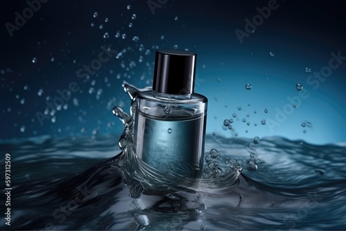 Perfume bottle with water splash on blue background. Generative AI