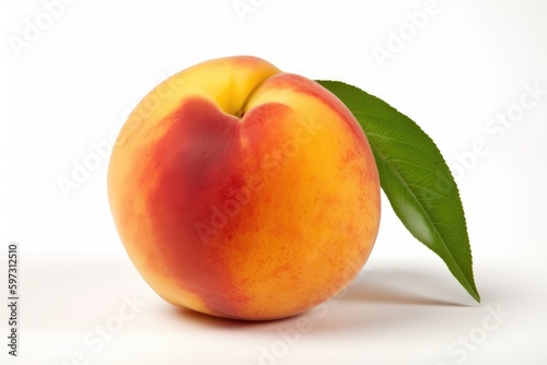 Peach with leaf on a white background. Close-up. Generative AI