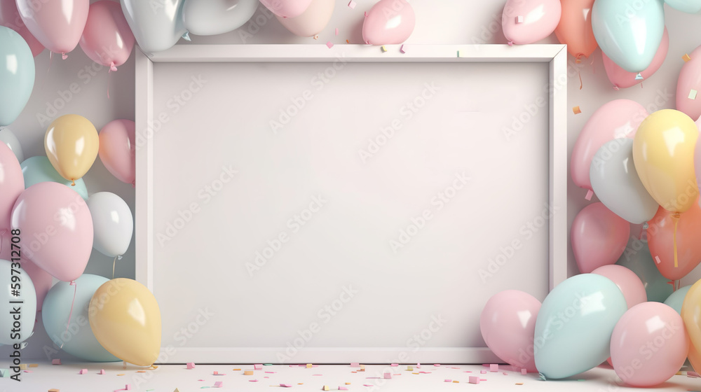 decoration balloons, confetti, gift, frame with pastel color space background. Generative AI