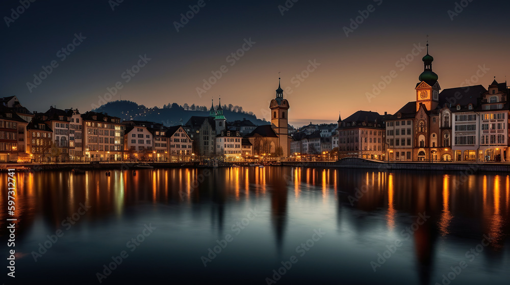 Scenic evening panorama view of the Old Town, Dramatic scene with river and Jesuit church. Wonderful vivid cityscape during sunset, generative ai