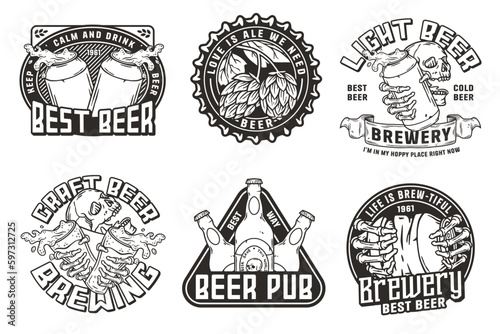 Beer set of designs with beer cap, can, hop, skeleton and bottle. Skull, beer glass, barly, bone hand and bottle for brewery or bar. Craft beer vector logos or emblems for pub and store