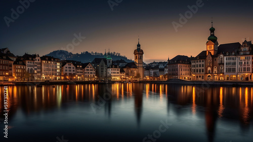 Scenic evening panorama view of the Old Town, Dramatic scene with river and Jesuit church. Wonderful vivid cityscape during sunset, generative ai © coco