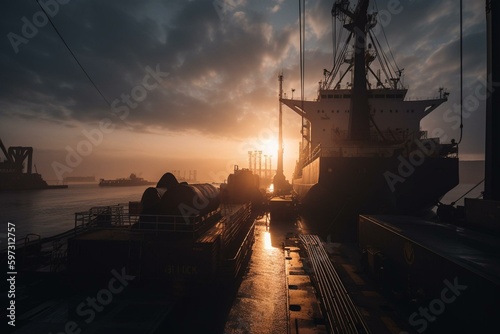 Sunrise cargo loading onto ship at international port with crane at sea. Generative AI