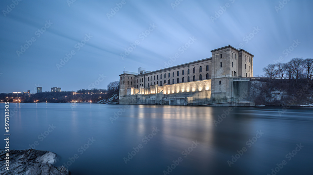 View of the hydroelectric power plant on the river, dusk, long exposure, generative ai